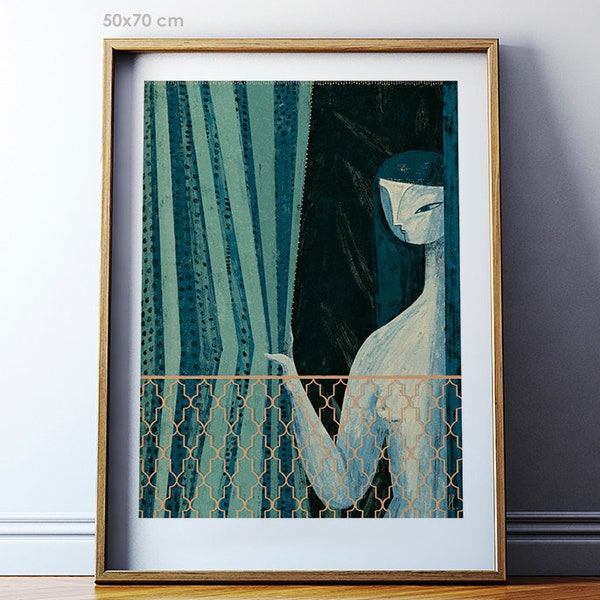 Atmospheric living room wall art: Zumurrud / Polish illustration / Romantic girl in green / 50x70, 40x50, 30x40 / Giclée print / Polish Art