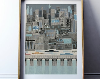 Art print: City of Women / New York skyline retro illustration / Giclée print wall art / NYC architecture poster with skyscrapers