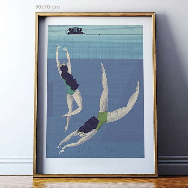 Swimming Pool Sports illustration art / Vintage swimsuit fashion illustration / Giclée print / 50x70, 40x50, 30x40 wall art poster