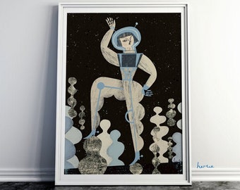 Moon poster. Space woman giclée print. Modern illustration. Astronaut wall art. 50x70 poster. 30x40 poster
