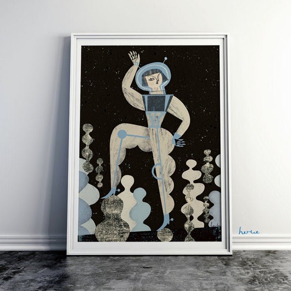 Moon poster. Space woman giclée print. Modern illustration. Astronaut wall art. 50x70 poster. 30x40 poster