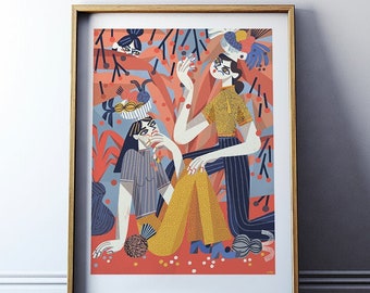 Art print: Girls picking fruits / Colorful giclee print on archival paper / Polish art 50x70, 40x50, 30x40 cm