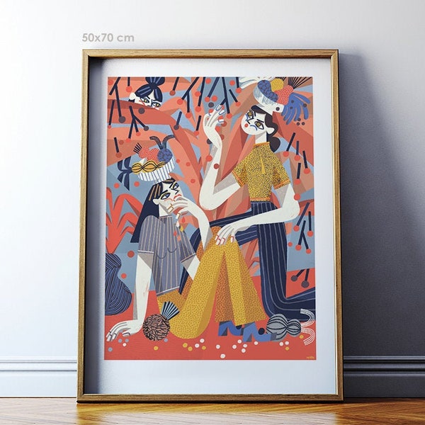 Art print: Girls picking fruits / Colorful giclee print on archival paper / Polish art 50x70, 40x50, 30x40 cm