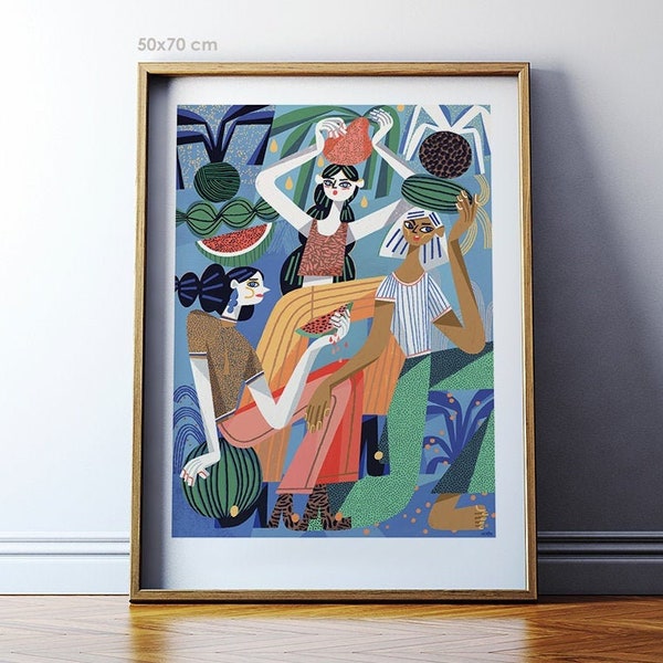 Art print: Girls with watermelons / Fine art giclee print / Illustration print / 50x70, 40x50, 30x40 cm poster / Modern wall art