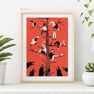 Illustration Kunstdruck: Wichtel. Wald Giclée Druck für Kinderzimmer. 50x70, 30x40 cm Poster mit süßen Kindern auf Baum.