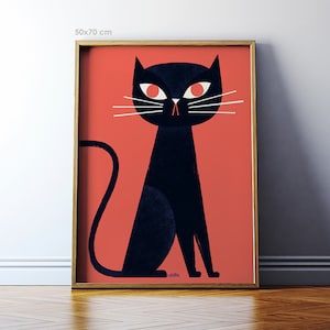 Wall art giclee print: Black Cat / Black cat print / Cat wall decor / Cat art / Illustration. 50x70cm, 40x50, 30x40 cm / Cat poster for kids image 1