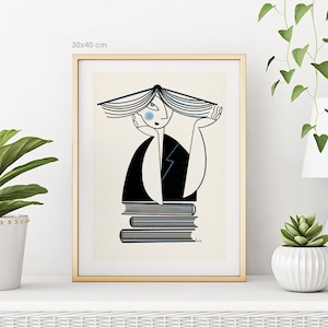 Schwarz weiße Illustration für Bücherliebende / schwarz weiß Druck / 50x70 cm Poster / minimalistischer Cartoon Stil / Geschenk für Bücherlieber