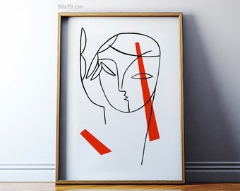 Modern minimalist giclée print. Portrait of a Girl with Red painting. Geometric face illustration art. 50x70 poster.