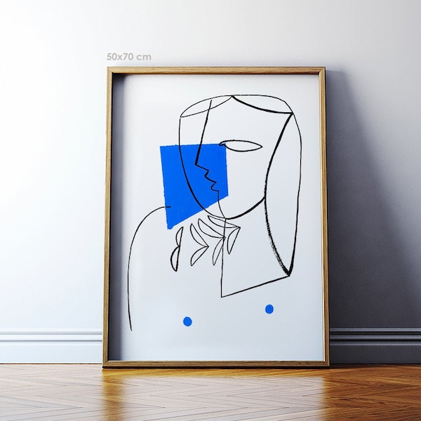 Abstract illustration. Portrait of a Girl with Blue. Minimalist painting giclée print. Modern geometric art poster, 50x70cm.