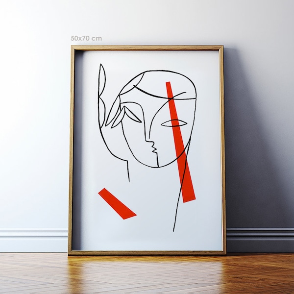 Modern minimalist giclée print. Portrait of a Girl with Red painting. Geometric face illustration art. 50x70 poster.