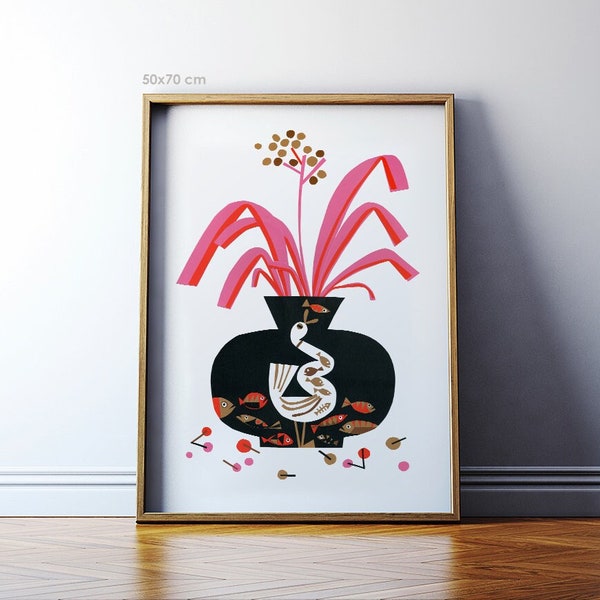 Wall art print: Still-life with a hungry duck / Paper cutout giclee print on archival paper / Polish illustration / 50x70, 40x50, 30x40 cm