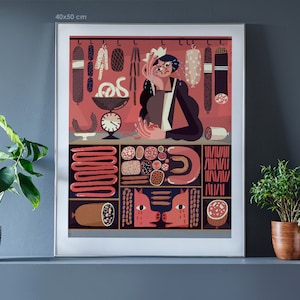 Butcher shop. Fine art print on archival paper. Illustration. Signed by the artist. 40x50, 50x70 cm Poster. Retro.