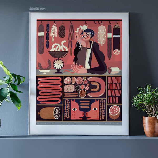 Butcher shop. Fine art print on archival paper. Illustration. Signed by the artist. 40x50, 50x70 cm Poster. Retro.