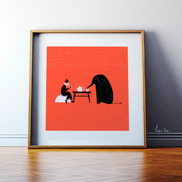 Art for kids. Elephant: tea time on the moon illustration. Giclée print. 40x40cm wall art poster.