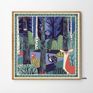 Bestseller / In a forest wall art illustration print / Nature illustration art / Forest poster with animals / 50x50 cm / Giclee print image 4