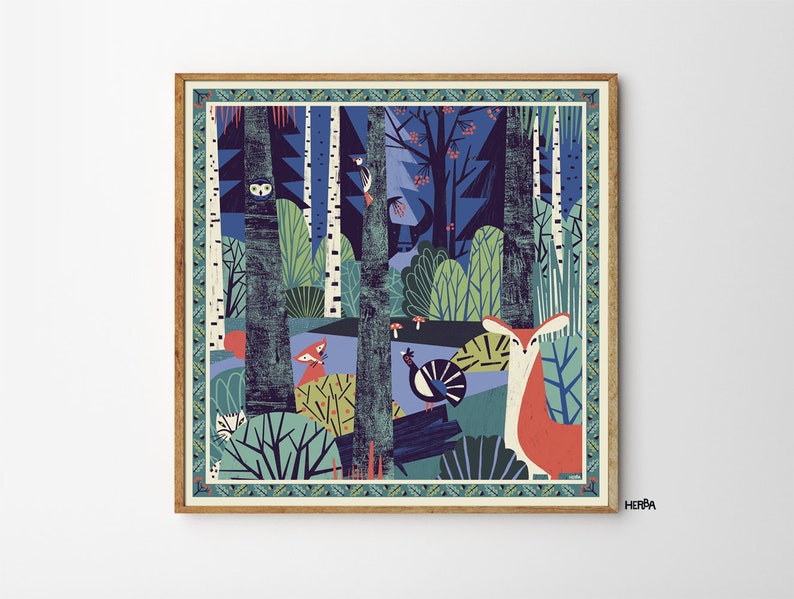 Bestseller / In a forest wall art illustration print / Nature illustration art / Forest poster with animals / 50x50 cm / Giclee print image 4