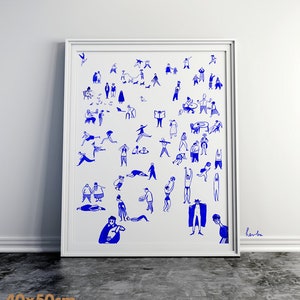 Wall art print / Friday in town / Modern art illustration / 50x70 cm, 40x50, 30x40 / poster cartoon drawing / Hand painted cute artwork