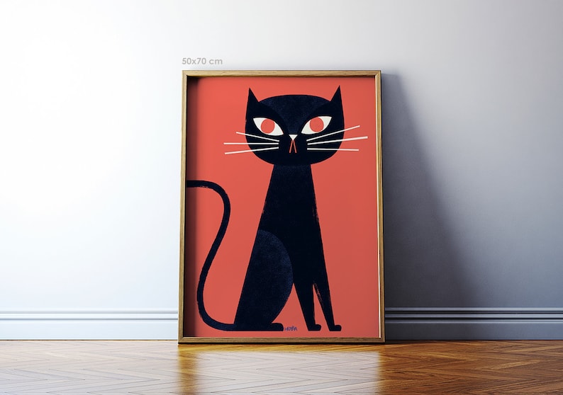 Wall art giclee print: Black Cat / Black cat print / Cat wall decor / Cat art / Illustration. 50x70cm, 40x50, 30x40 cm / Cat poster for kids image 1