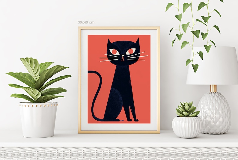 Wall art giclee print: Black Cat / Black cat print / Cat wall decor / Cat art / Illustration. 50x70cm, 40x50, 30x40 cm / Cat poster for kids image 3