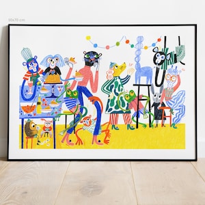 Tierparty / Illustration Druck / 70 x 50 cm 40 x 30 cm Plakat / Kinderwand-Dekor / Landschaft / Kinderbuchillustrationen