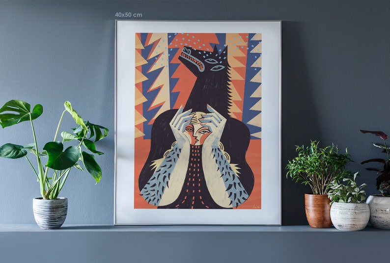 Werewolf. Lupu minariu. Illustration art. Giclée print on archival paper. Signed by artist. 50x70, 30x40 cm wall art poster by Gosia Herba image 3