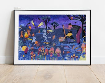 Good night / Illustration print / 70x50 cm 40x30 cm poster / Kids wall decor / Landscape / Children book illustration