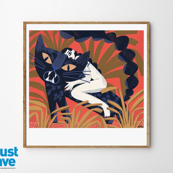 Fine art giclée print: Cat's dream / Original illustration / Cat art poster / Illustration art / Retro cat illustration / 50x50 cat wall art