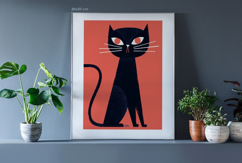 Wall art giclee print: Black Cat / Black cat print / Cat wall decor / Cat art / Illustration. 50x70cm, 40x50, 30x40 cm / Cat poster for kids image 2