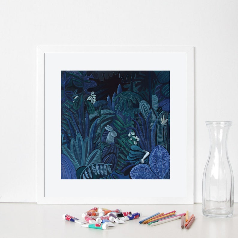 In a Forest dark and deep illustration / High quality giclée print / Dark painting / 40x40 wall art on archival paper / Signed by artist image 1