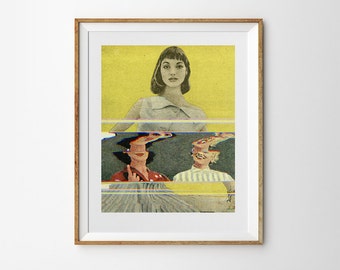 Collage print / Glitch art vintage fashion poster / Giclée print with Woman on yellow photo collage art by Mikołaj Pasiński.