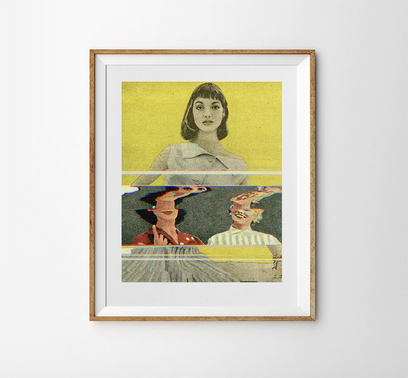 Collage print / Glitch art vintage fashion poster / Giclée print with Woman on yellow photo collage art by Miko?aj Pasi?ski.