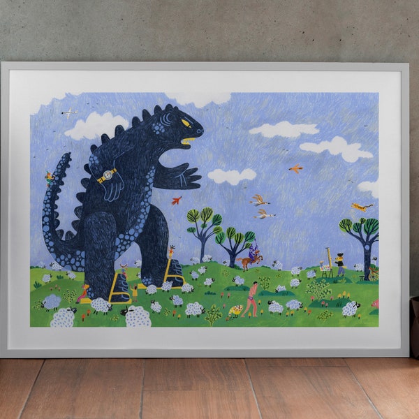 Which way to Tokyo? / Cute Godzilla illustration / 70x50 cm 40x30 cm poster / Kids wall decor / Landscape / Children book illustration