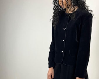 90s vintage Valerie Stevens black velvet two-piece outfit with jacket blazer and flared long skirt suit