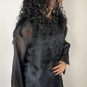 Vintage 80s 90s black long sleeve see-through transparent button-down blouse