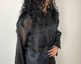 Vintage 80s 90s black long sleeve see-through transparent button-down blouse