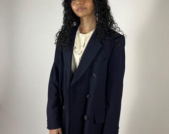 90s vintage navy blue wool double-breasted Ann Freedburg tailored blazer