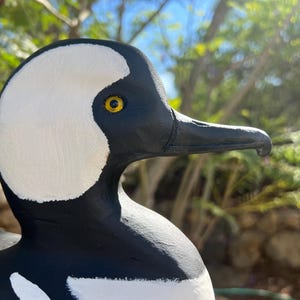 May include: A hand-painted wooden duck decoy. The duck features a black body, white head markings, and a black beak. It has a yellow eye, set against a blurred background of green foliage and blue sky. This decorative item is suitable for home decor.