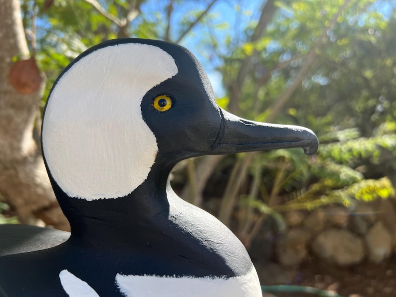 May include: A hand-painted wooden duck decoy. The duck features a black body, white head markings, and a black beak. It has a yellow eye, set against a blurred background of green foliage and blue sky. This decorative item is suitable for home decor.