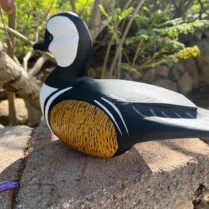May include: A hand-painted wooden duck decoy. The duck has a black body, white head with a black beak, and a yellow and brown textured chest. The decoy is resting on a stone surface, with greenery in the background.