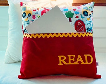 Pocket Reading Pillow - Barnyard Friends with Red Patterned Pocket