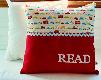 Pocket Reading Pillow - City Vehicles with Red Patterned Pocket