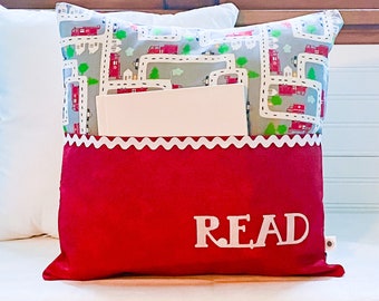 Pocket Reading Pillow - Fire Trucks and Police Cars/ Red Patterned Pocket