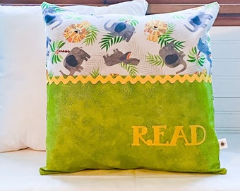 Pocket Reading Pillow - Large Jungle Animals with Green Patterned Pocket