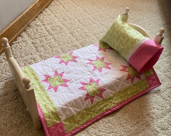 Quilted Doll Blanket with Pillow, Handmade Quilt for 18" Doll, 2 Pc Quilt Set, Light Green and Pink Floral Quilt