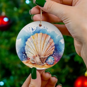 Stunning Watercolor Shells Christmas Ceramic Ornament, unique, ocean, seashells, star fish, coastal decor, special tree decoration