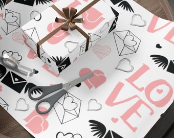 Romantic Winged Envelopes and Hearts Wrapping Paper, Couples, Engagement, Wedding, Valentine's Day, Eco-friendly