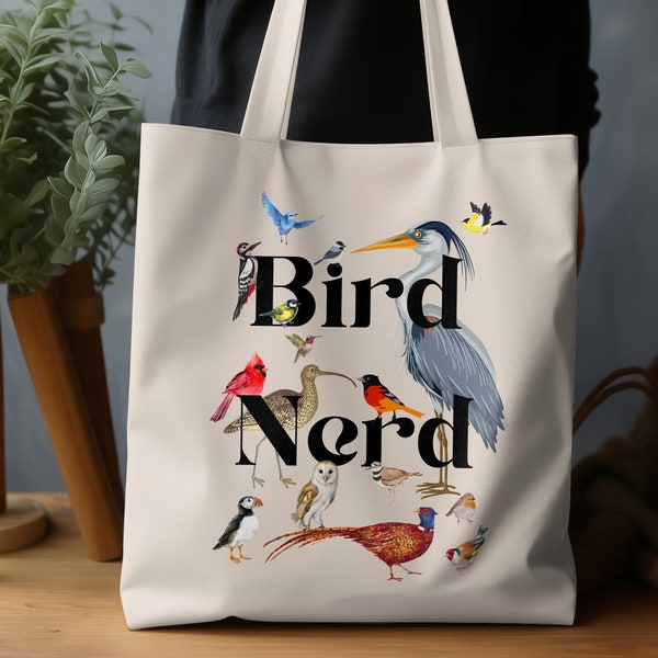 Bird Nerd Tote Bag, Colorful Birdwatcher Gift, Bird Illustration Eco-Friendly Shoulder Bag, Birders Field Canvas Carryall, Ornithology Love