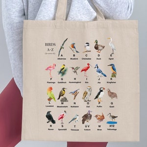 A-Z Bird Illustration Tote Bag for Birdwatchers, Unique Birders Gift, Colorful Ornithology Canvas Bag, Birding Field Guide Eco-Friendly Tote