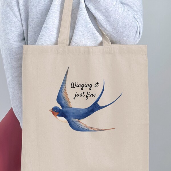 Swallow Bird Pun Tote Bag, Winging It Just Fine Funny Bird Quote Cotton Bag, Eco-Friendly Reusable Shopping Bag, Unique Gift Idea