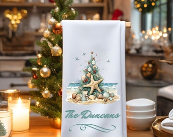 Personalized Tree Decorated with Seashells Tea Towel, Dish, Kitchen Towel, Flour Sack Towel, Gift, Wedding Gift Towel, Bar Towel, Shells